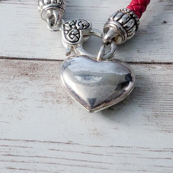 Red Bracelet with Silver Tone Heart Charm - Picture 3 of 4